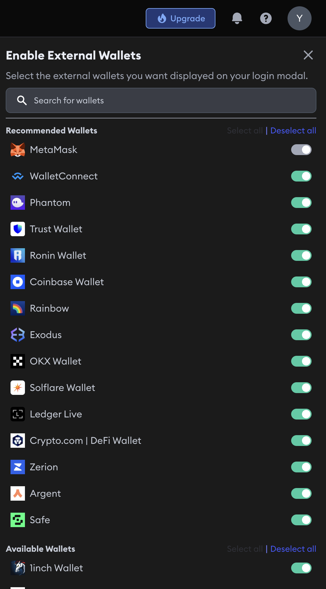 Dashboard Wallet Selector
